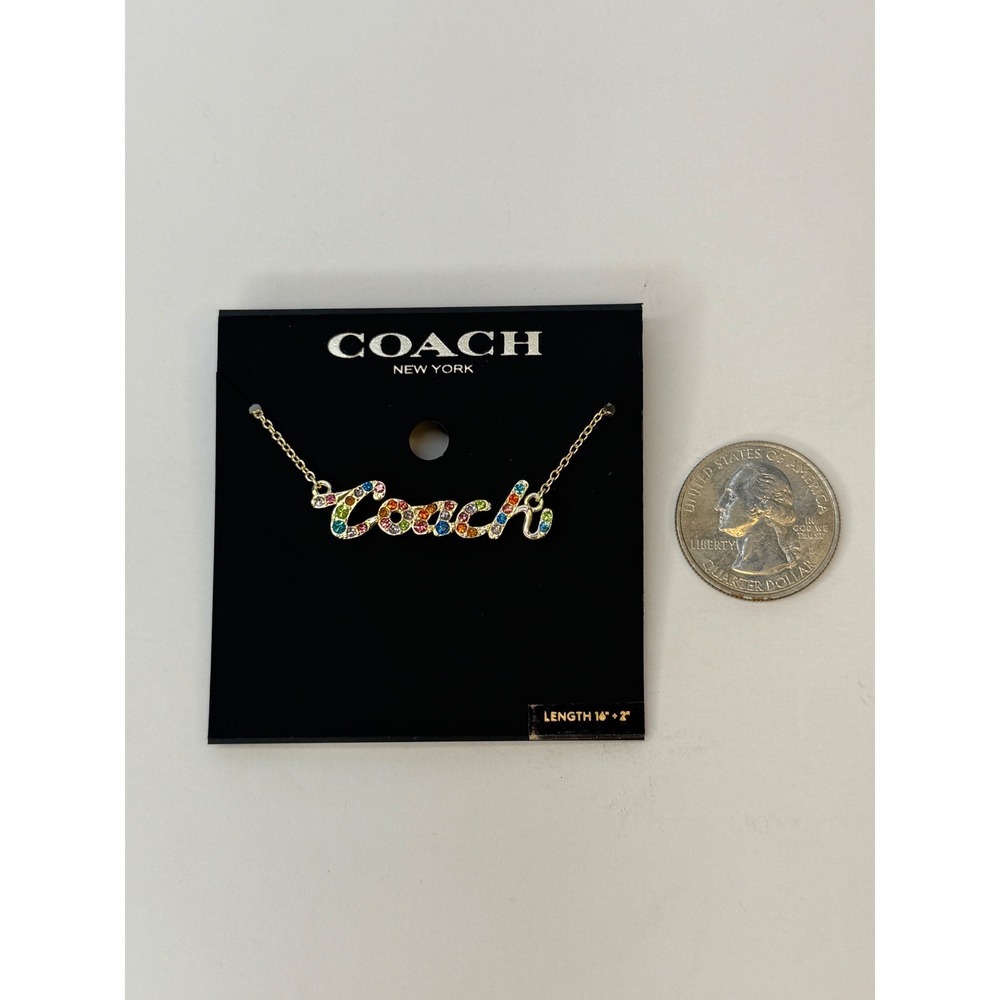 Coach Gold Tone Rainbow Crystal Script Logo Pendant Necklace C9471 NWT Y2K - Picture 2 of 4